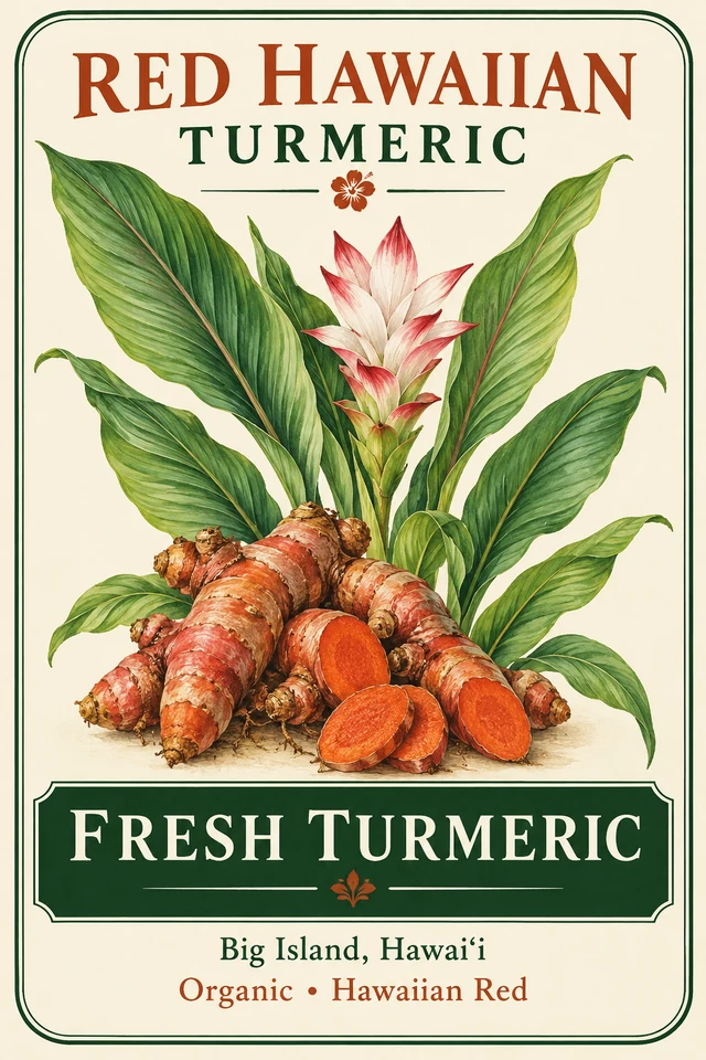 Botanical concept label for Red Hawaiian Turmeric fresh turmeric