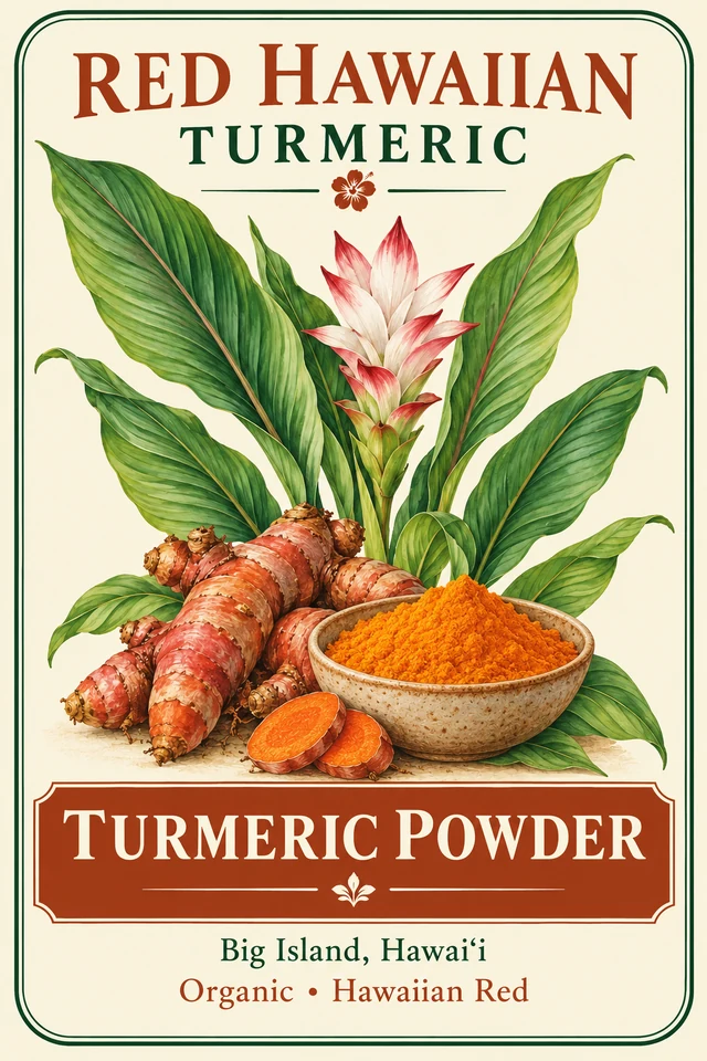 Botanical concept label for Red Hawaiian Turmeric turmeric powder